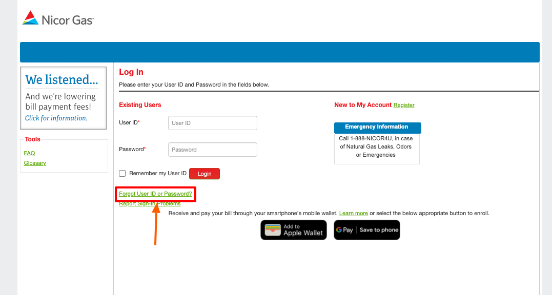 nicor gas register forogot password page
