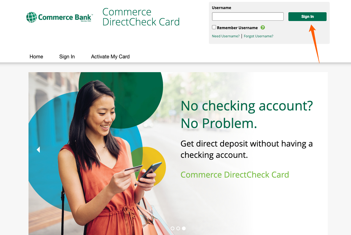 commerce directcheck card Login page